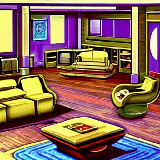 Prompt: a living room with futuristic furniture, from a Lucasarts graphic adventure game made in 1995