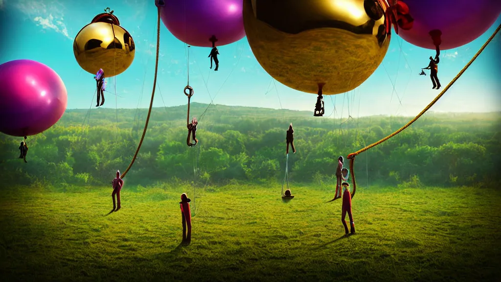 Image similar to large colorful futuristic space age metallic steampunk balloons with pipework and people on rope swings underneath, flying high over the beautiful countryside landscape, professional photography, 8 0 mm telephoto lens, realistic, detailed, digital art, unreal engine