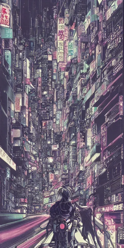 Image similar to beautiful and detailed anime drawing of an GHOST IN THE SHELL-like cyberpunk city landscape with light trail from a motorcycle at the bottom and a bridge silhouette at the top, japan at night, 1980s, by Katsuhiro Otomo and mamoru oshii, wide angle, worm\'s eye view, grand, clean, colorful