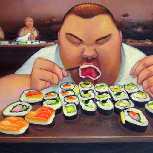 Image similar to huge fat caucasian man stuffing himself full of sushi at a sushi buffet, oil painting in a style of dutch masters