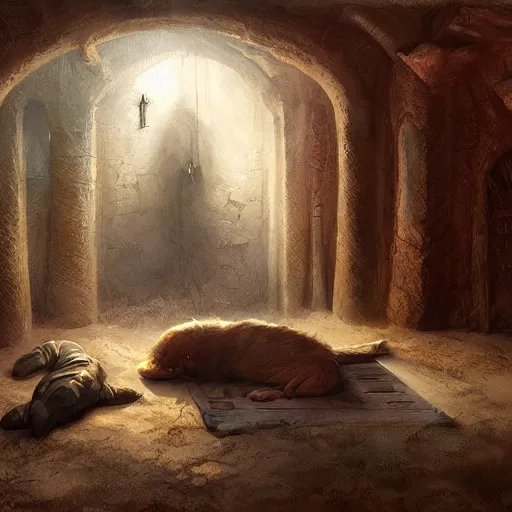 Prompt: a warg sleeping on a mat in a corner of a adobe house, torchlit, concept art by marc simonetti and christophe vacher, trending on artstation