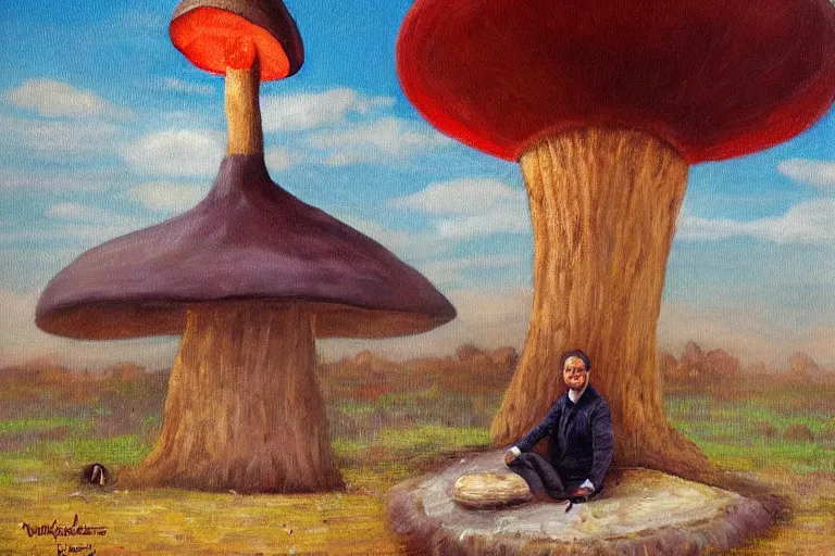 Image similar to portrait of orban viktor sitting under a big mushroom, detailed face, surreal oil painting