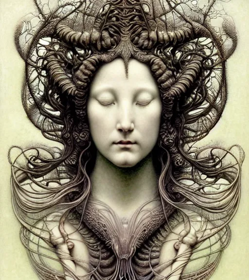 Image similar to beautiful moon goddess detailed realistic porcelain face portrait by jean delville, gustave dore, iris van herpen and marco mazzoni, art forms of nature by ernst haeckel, art nouveau, symbolist, visionary, gothic, neo - gothic, pre - raphaelite, fractal lace, intricate alien botanicals, ai biodiversity, surreality, hyperdetailed ultrasharp octane render