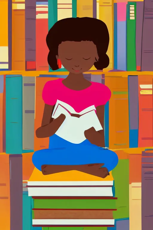 Prompt: a little girl sits cross legged on top of a tall pile of books. she is reading. clean elegant pretty cartoon painting, flat colors, beautiful detailed face.