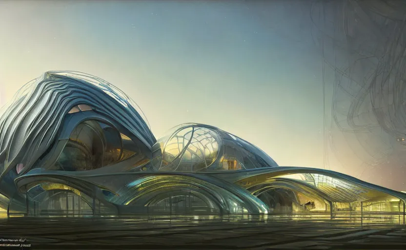 Image similar to exterior shot of utopian architecture transparent building with cinematic lighting by zaha hadid and renzo piano, darek zabrocki and greg ruthkowski, alphonse mucha, simon stalenhag, cinematic, stars, beautiful, holy place, paradise, scifi, futurism, atmospheric, concept art, artstation, trending on artstation