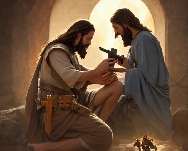 Image similar to photography of jesus christ teaching a child how to reload a ak 4 7, d & d, fantasy, intricate, elegant, highly detailed, digital painting, artstation, concept art, matte, sharp focus, illustration, hearthstone, art by artgerm and greg rutkowski and alphonse mucha