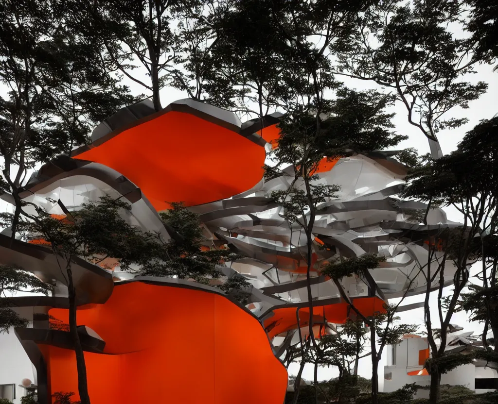 Prompt: photo of the exterior of a futuristic organic japanese house, dramatic lighting, smoke, ceiling fluorescent lighting, black and orange colour palette