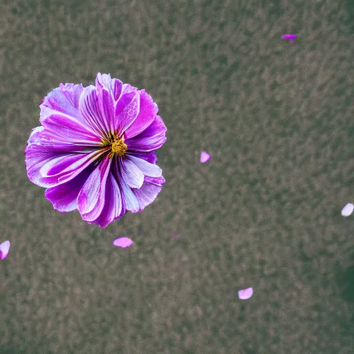 Image similar to closeup photo of purple flower petal flying above a summer city, aerial view, shallow depth of field, cinematic, 8 0 mm, f 1. 8