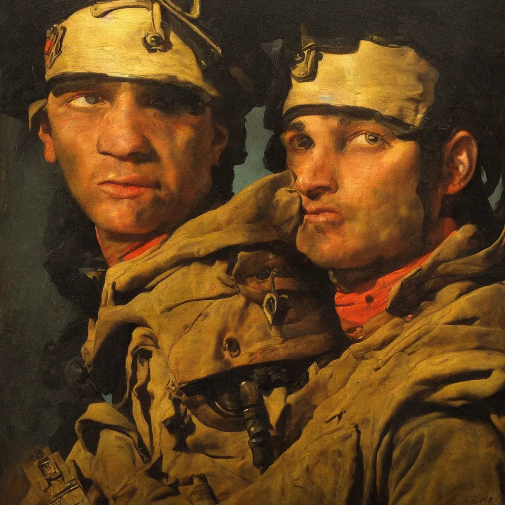 Image similar to navy seal painted by jacques - louis david, face portrait, oil painting, strong light, dark background, clair obscur, saturated colours