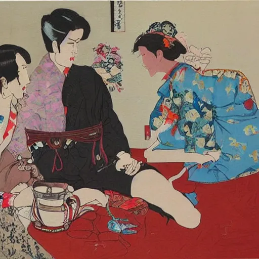 Image similar to Japanese beauty wrapped in a snake having tea with her husband by Toshio Saeki, high detailed