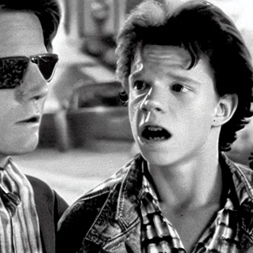 Image similar to a scene from the movie back to the future ( 1 9 8 5 ) starring tom holland and quentin tarantino