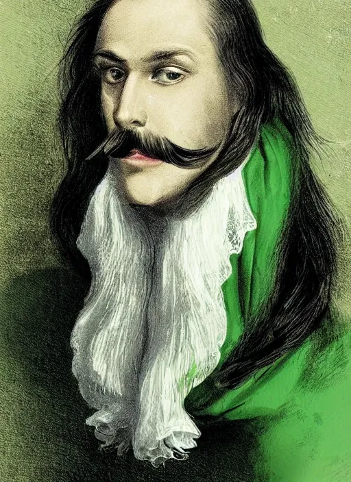 Image similar to an old baron d'arignac, long hair, wear an elegant mustach, white scarf, green shirt, by artgem, digital art, highly detailled