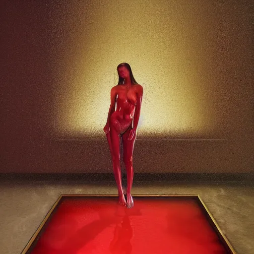 Prompt: Renee Herbert full body laying in a blood red pool of water between a golden mirror frame, outside is space and inside the mirror frame is a beautiful landscape., physically accurate, dynamic lighting, intricate, elegant, highly detailed, digital painting, artstation, HR GIGER, Hieronymus Bosch, Francis Bacon, concept art, smooth, sharp focus, illustration, art by artgerm and greg rutkowski and alphonse mucha