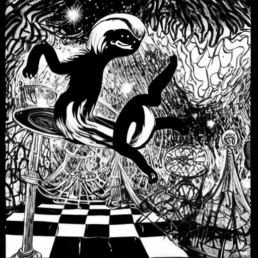 Image similar to black and white trippy comic art of a sloth riding a merry go round, lots of particles, drawn by Martin Rowson, Tim Burton, Studio Ghibli, Alex Pardee, Nekro Petros Afshar, James McDermott, cgsociety 4K