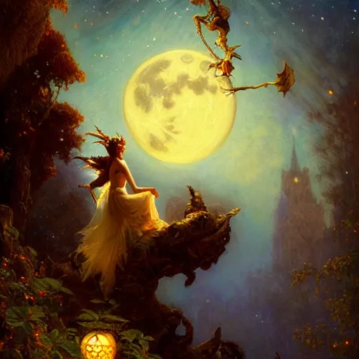 Image similar to attractive fairy magically floating high in the night, fantasy, full moon in background. highly detailed painting by gaston bussiere, craig mullins, j. c. leyendecker, mid shot, 8 k realistic, cryengine, frostbite 3 engine, sharp focus