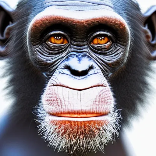 Image similar to a high detail closeup photograph of a chimpanze wearing a suit 👔, award wining photograph, digital art