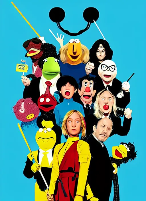 Prompt: poster artwork by Michael Whelan and Tomer Hanuka, The Muppet Show cast portrait photo, movie scene from Kill BIll, pop art poster, vector art, poster artwork by Michael Whelan and Tomer Hanuka