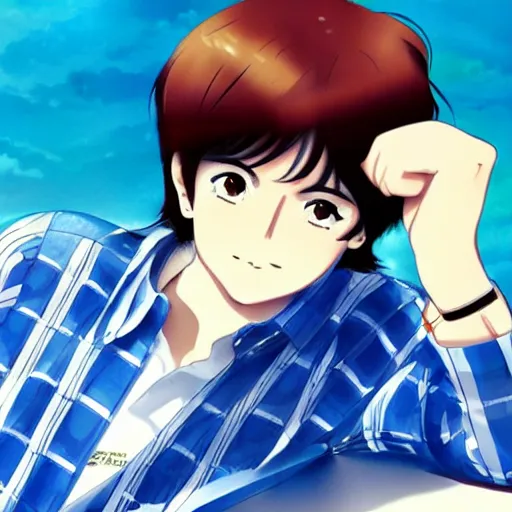 Image similar to anime illustration of young Paul McCartney from the Beatles, wearing a blue and white check shirt and watch, relaxing on a yacht at sea, ufotable