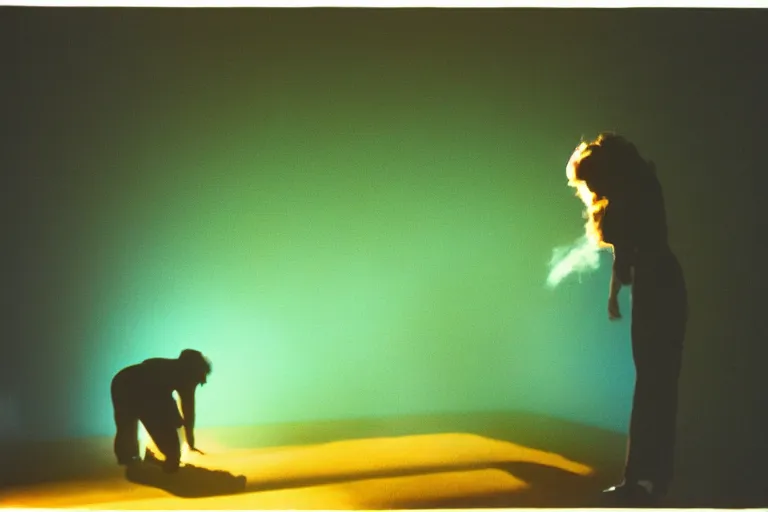Prompt: backlit photograph of black box pouring energy into suburban room, silhouetted figure, crisp focus, 3 5 mm ektachrome