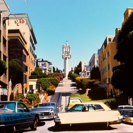 Prompt: color photography of Lombard Street, San Francisco In 1975