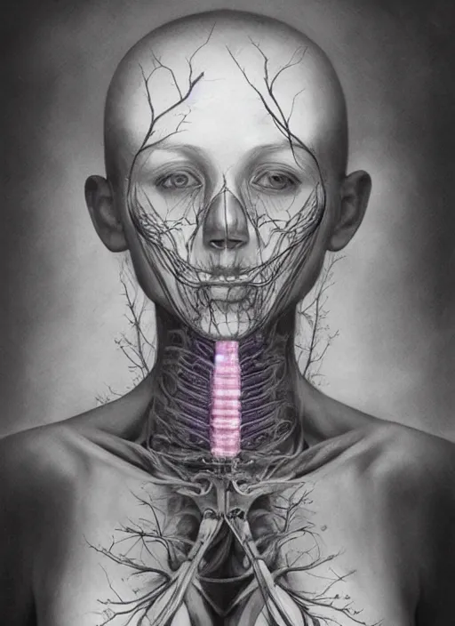 Image similar to masterpiece, woman, x-ray, bones and veins, deep black skin, marco mazzoni, zdzislaw beksinksi