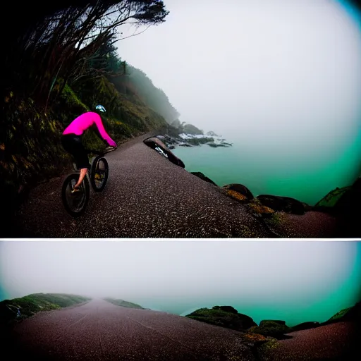 Prompt: a scene from a fever dream, bicycling on a rocky path in first person view, go-pro camera view, entering the scary murky ocean!! Fog! Ultra realistic! 25mm f/1.7 ASPH Lens!