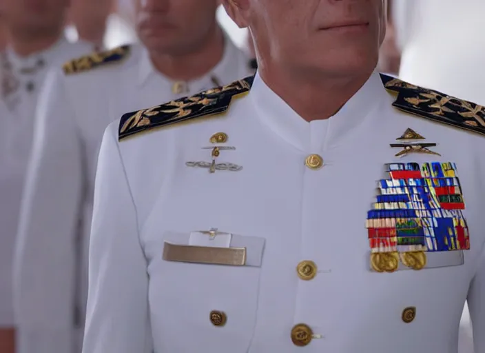 Image similar to proud general wearing a white naval general uniform, no medals, no epaulettes, his arms are behind his back, ultra realistic, 4 k, movie still, uhd, sharp, detailed, cinematic, render, modern