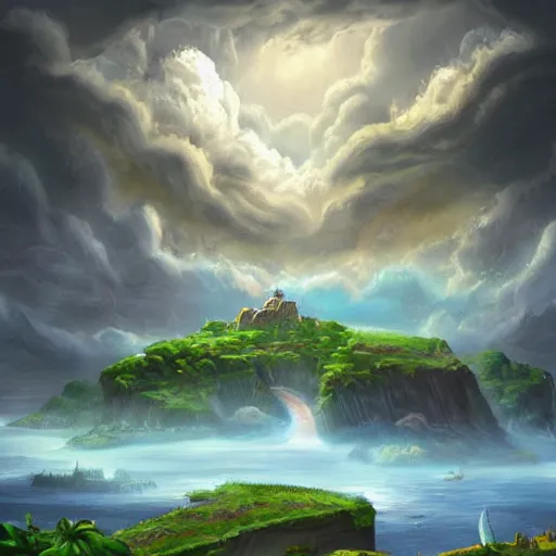 Image similar to an island floating in the sky, clouds background, hearthstone coloring style, epic fantasy style art, fantasy epic digital art, epic fantasy card game art