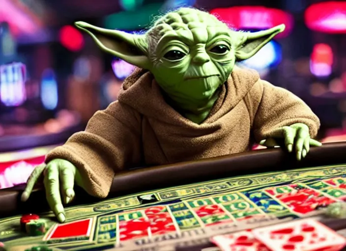 Prompt: film still of yoda gambling in Vegas in the new Star Wars movie, 4k