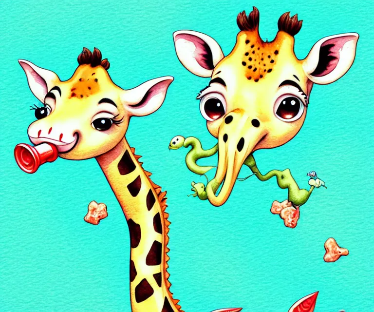 Image similar to cute and funny, baby giraffe drinking from a pond, ratfink style by ed roth, centered award winning watercolor pen illustration, isometric illustration by chihiro iwasaki, edited by range murata, tiny details by artgerm and watercolor girl, symmetrically isometrically centered