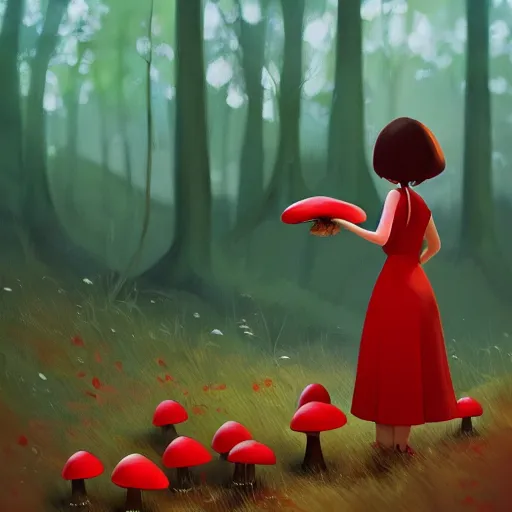Prompt: goro fujita ilustration brunette girl in red dress picking mushrooms in the forest, painting by goro fujita, sharp focus, highly detailed, artstation