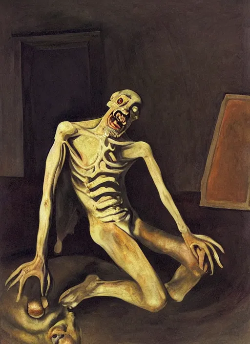 Prompt: a teratoma in the middle of a museum room realizing that he has consciousness his misshapen face expresses horror painted by edward hooper and goya and giorgio de chirico