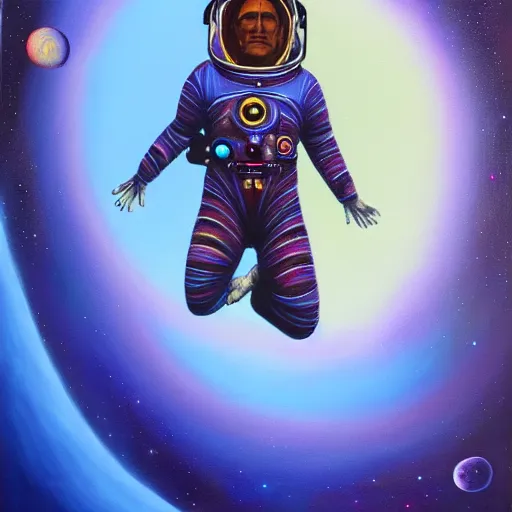 Image similar to transcendent sacred spaceman on a journey above earth, astral spirit space journey in oil painting, ayahuasca, trending on artstation, award winning, emotional, highly detailed ethereal surrealist art