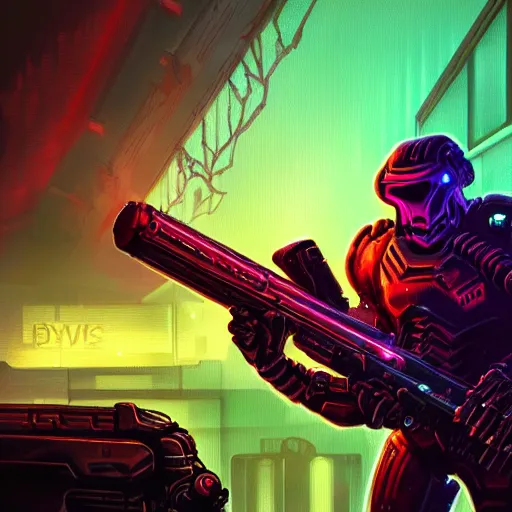 Image similar to doom slayer, synthwave, retrowave, hyper realism, detailed, colorful background, digital painting