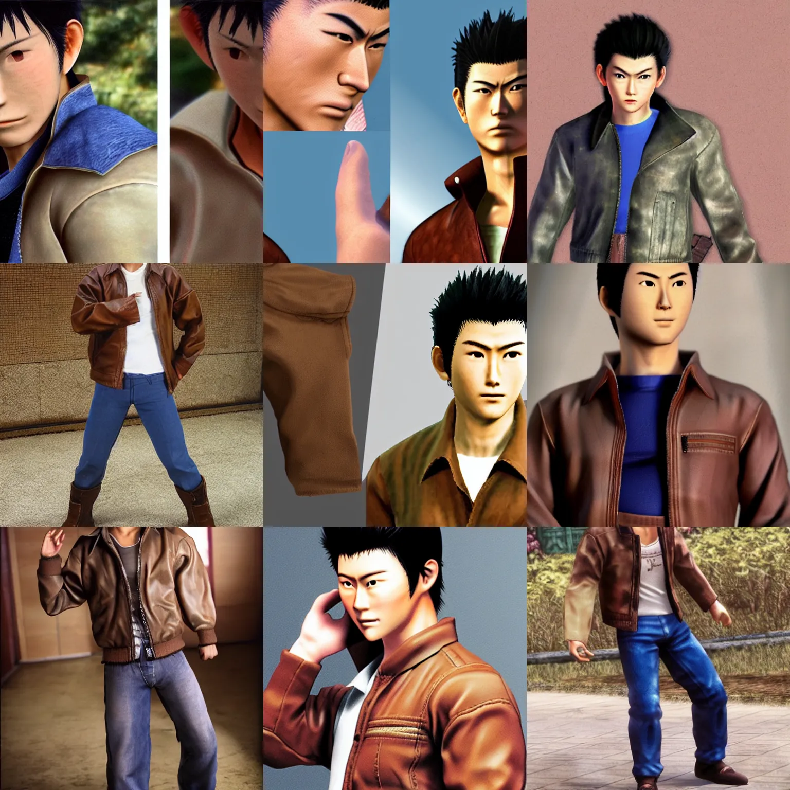Prompt: Ryo Hazuki from Shenmue, realistic photo, photograph, picture, real life, brown jacket, bandage on cheek, blue pants
