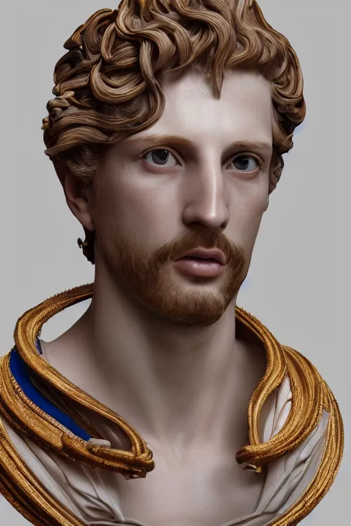 Image similar to a realistic porcelain full-head rococo style bust of handsome young Spanish prince with colored pipecleaners for a crown and suspended in outer space, photorealism, octane render, depth of field, 8k, 35mm, artgem, Trending on artstation