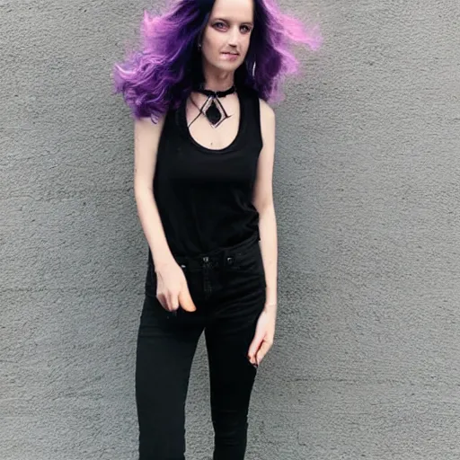 Prompt: a woman with long wavy purple hair, blue eyes and strong cheek bones. she's wearing a black t - shirt, sleeveless jean vest and a black choker