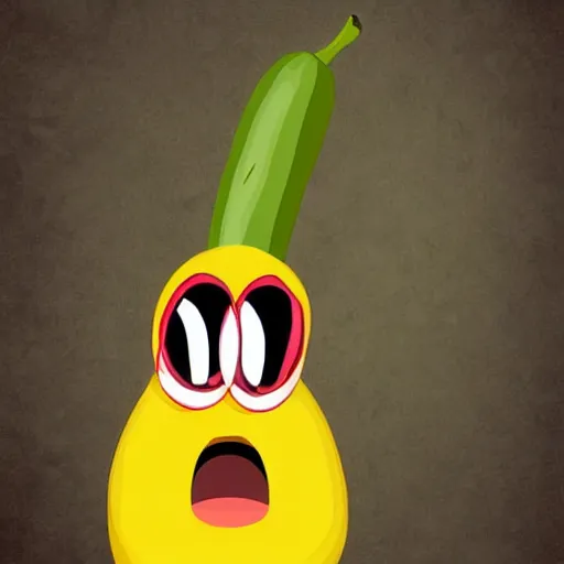 Prompt: Cartoon art of a hungry banana eyes and mouth eating a pickle on remote planet, digital art, realistic,