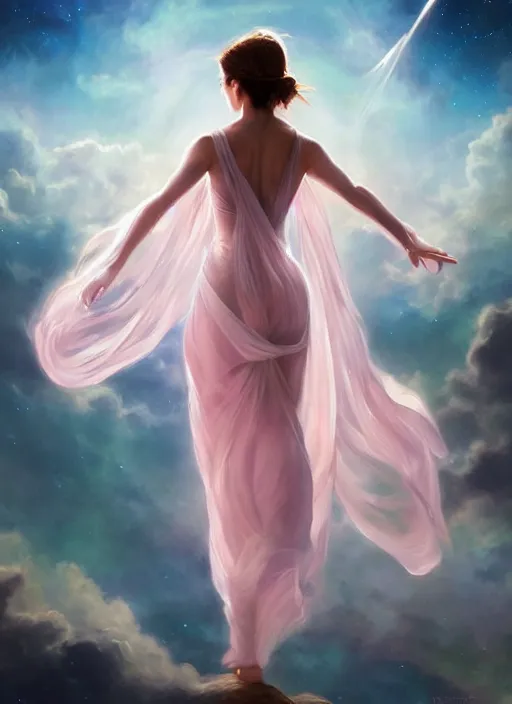 Image similar to emma watson as nature magic celestial, back pose, long hair, soft pink and white transparent cloth, space, D&D, shiny background, intricate, elegant, highly detailed, digital painting, artstation, concept art, smooth, sharp focus, illustration, artgerm, bouguereau