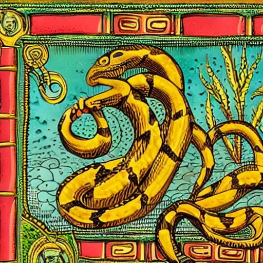 Image similar to a snake biting itself in the center of a tarot card, intricate details in the frames, 4k, high quality render.