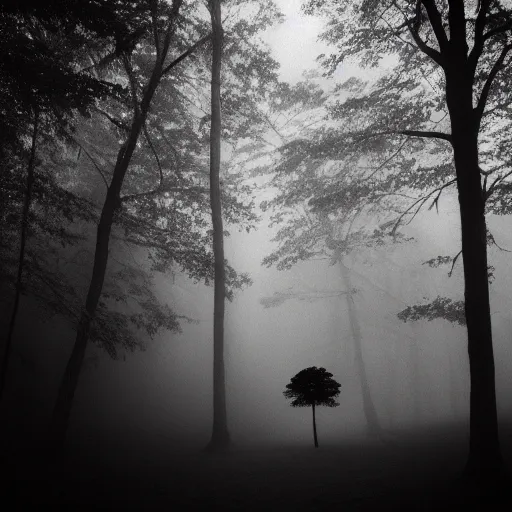 Image similar to deep misty forest with black hairy demon behind the tree, monochrome lomography