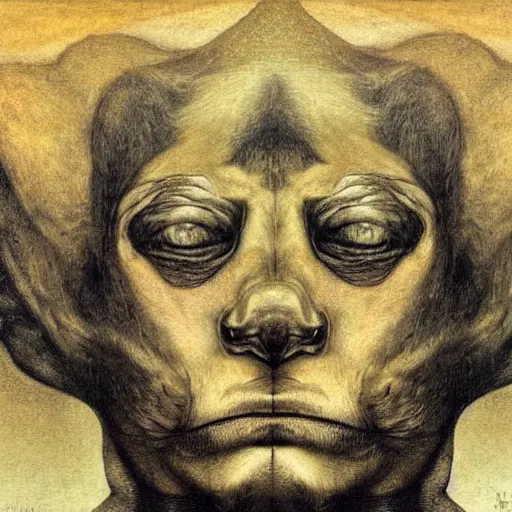 Image similar to head of a half man half wolf by Odd Nerdrum, by Francisco Goya, by M.C. Escher, fairy-tale illustration style, very detailed, colorful, beautiful, eerie, surreal, psychedelic