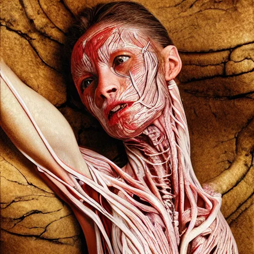 Image similar to female human with translucent skin, visible muscles and veins and arteries and bones and spine and nerves, beautiful detailed intricate insanely detailed octane render, 8K artistic photography, photorealistic, chiaroscuro, by David Cronenberg, Raphael, Caravaggio