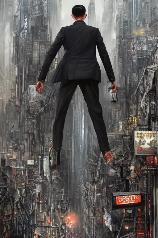 Image similar to Movie poster featuring a young salaryman in a black trench coat walking into through the distorted city, ultra-detailed digital art, Inception-inspired, highly detailed, digital painting, artstation, concept art, smooth, surrounded by a futuristic fantasy background, sharp focus, illustration, art, symmetry masterpiece by greg rutkowski and stephan martiniere