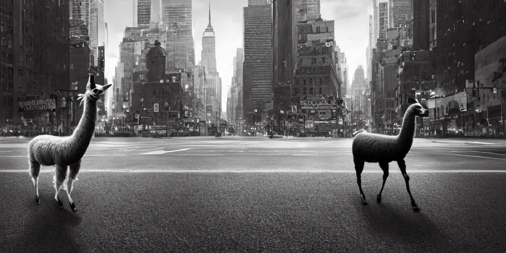 Image similar to a llama walking through a desolate manhattan city street at night, statue of liberty seen in the background, realistic 4 k octane beautifully detailed render, 4 k post - processing, highly detailed, detailed face, intricate complexity, epic composition, magical atmosphere, cinematic lighting, masterpiece, color picture, ultra hd