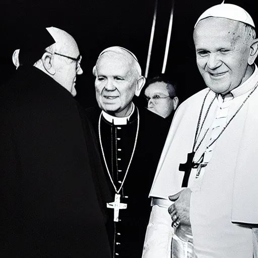 Prompt: photgraph of the pope john paul ii dressed in black at the donda listening party