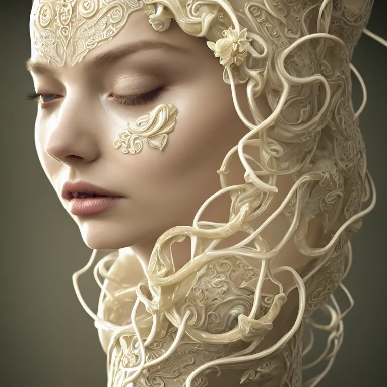 Image similar to wonderful princess of cream liquid semi transparent vines with a cream liquid skin, ornate 8 k gorgeous intricate cream detailed, accent white lighting, dramatic light, octane render