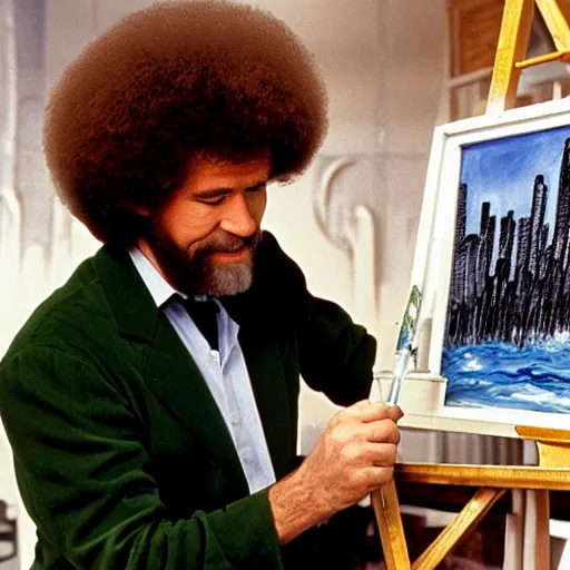 Image similar to Bob Ross painting a city