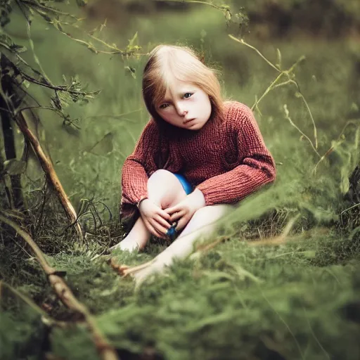 Prompt: A sad child, near forest, outdoors, photograph, f2.8, dramatic, award-winning, large format