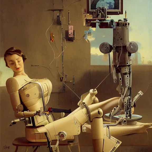 Image similar to robot artist painting a self - portrait on a canvas. intricate, highly detailed, photorealistic, film still, by gil elvgren, sachin teng, carl spitzweg, hans thoma, alexandros pyromallis.